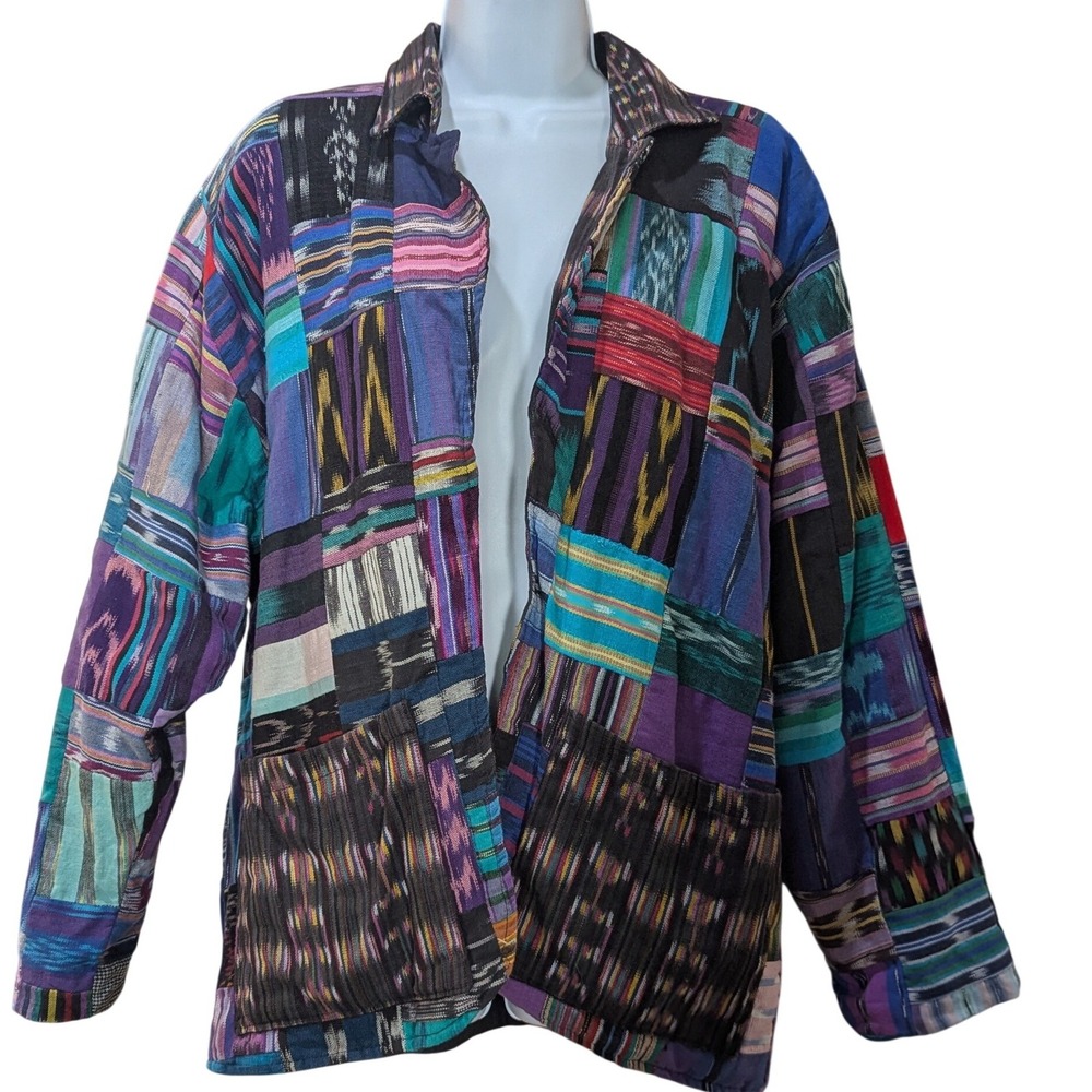 Quetzal Vintage Guatemala Patchwork Jacket Multi Color Ikat Cotton Boho Artisan